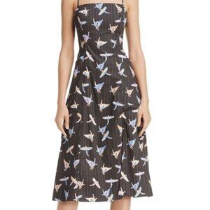 Free People Strapless Midi Dress 100% Cotton Bird Print Pockets Size 4